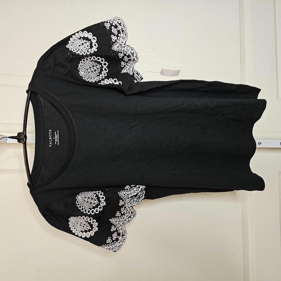 Talbots Black T-Shirt with Embroidered Sleeves - Picture 1 of 6